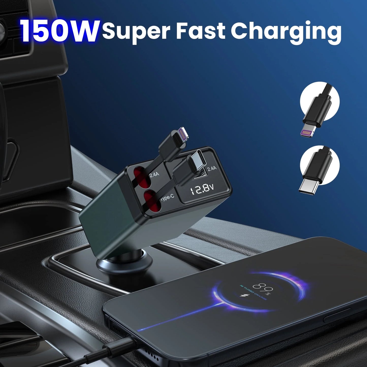 Retractable Car Charger Adapter, 150W Fast Charger for Car, 4 in 1 Car Phone Charger with Cables(2.6Ft), 180° Adjustable,Voltage Display-Green